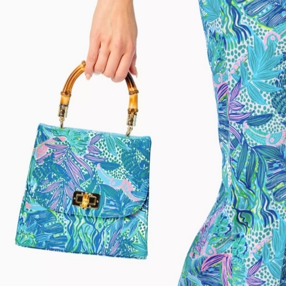 New Lilly Pulitzer Bamboo Top Handle Bag Botanical Green - Picture 3 of 6